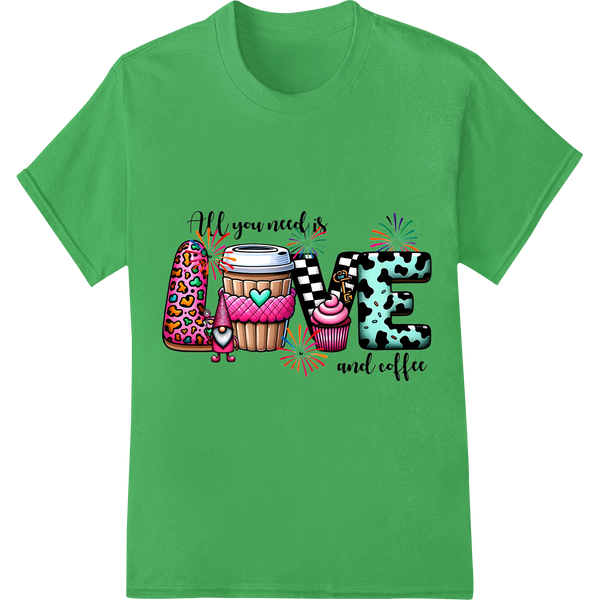 Brew Up Love: Cute Valentine's Coffee DTF Print Transfer on green shirt - SUPERDTF-DTF Prints-DTF Transfers-Custom DTF Prints