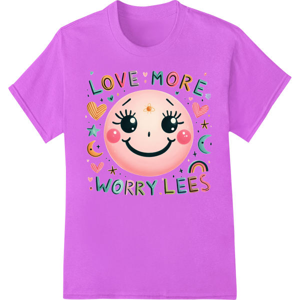 Adorable Smiley Face "Love More Worry Less" DTF Print on purple shirt - SUPERDTF-DTF Prints-DTF Transfers-Custom DTF Prints