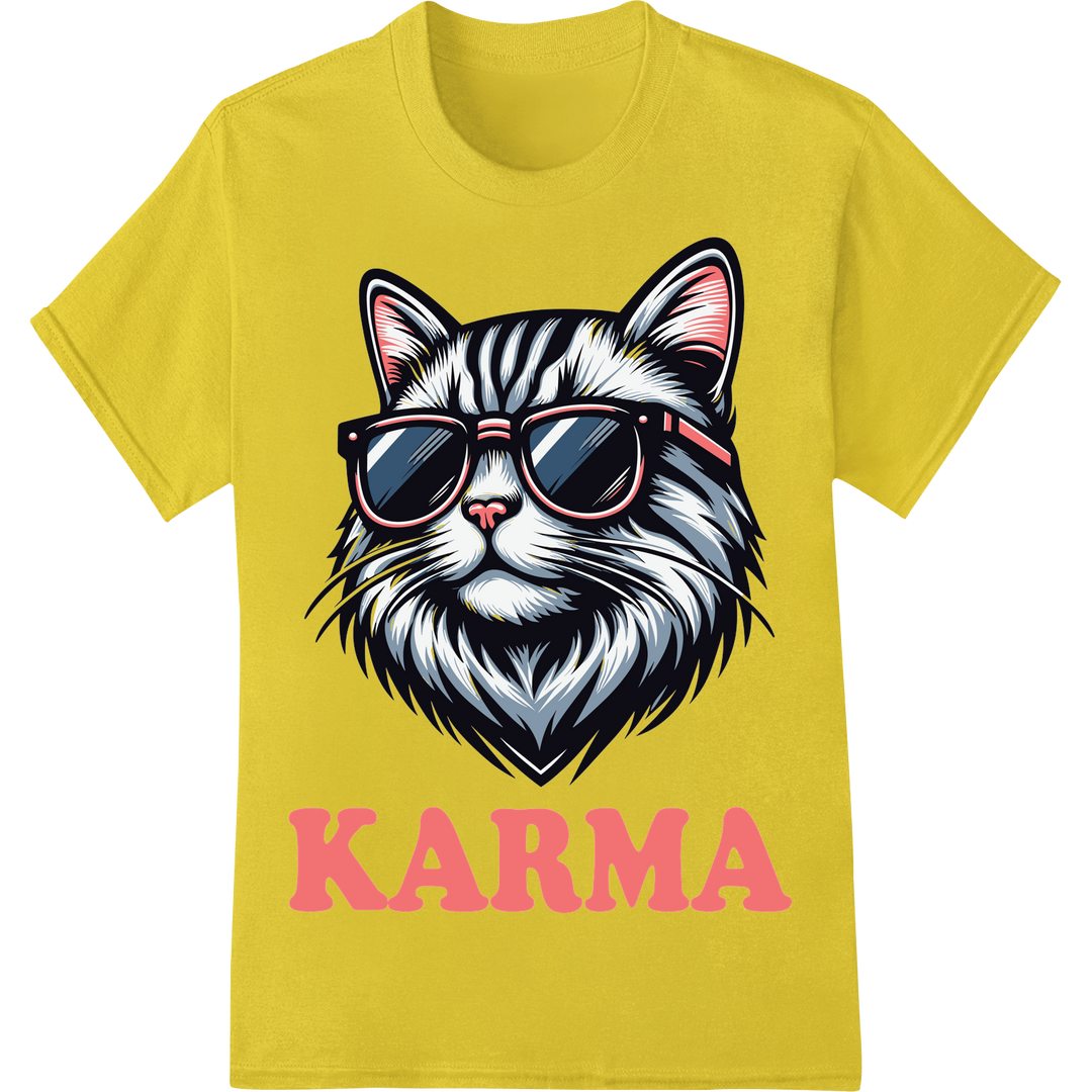 Cool Cat Karma - Funny Feline DTF Print Heat Transfer on yellow shirt - SUPERDTF-DTF Prints-DTF Transfers-Custom DTF Prints