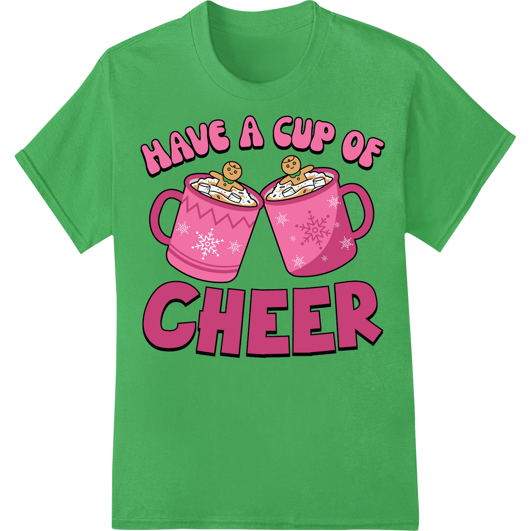 Festive Xmas Cup of Cheer Cocoa Mug DTF Heat Transfer Print on green shirt - SUPERDTF-DTF Prints-DTF Transfers-Custom DTF Prints