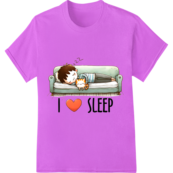 Sarcastic Cat Loves Sleep | Funny Feline DTF Print Transfer on purple shirt - SUPERDTF-DTF Prints-DTF Transfers-Custom DTF Prints