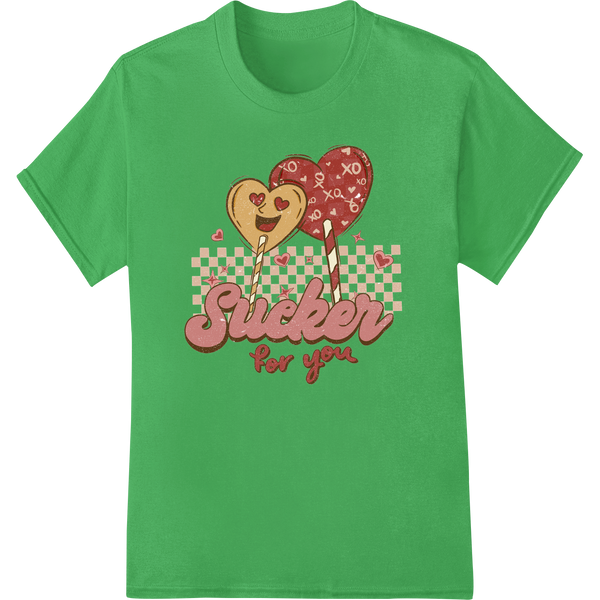 Adorable Lollipop Hearts DTF Print Heat Transfer - Sucker for You on green shirt - SUPERDTF-DTF Prints-DTF Transfers-Custom DTF Prints