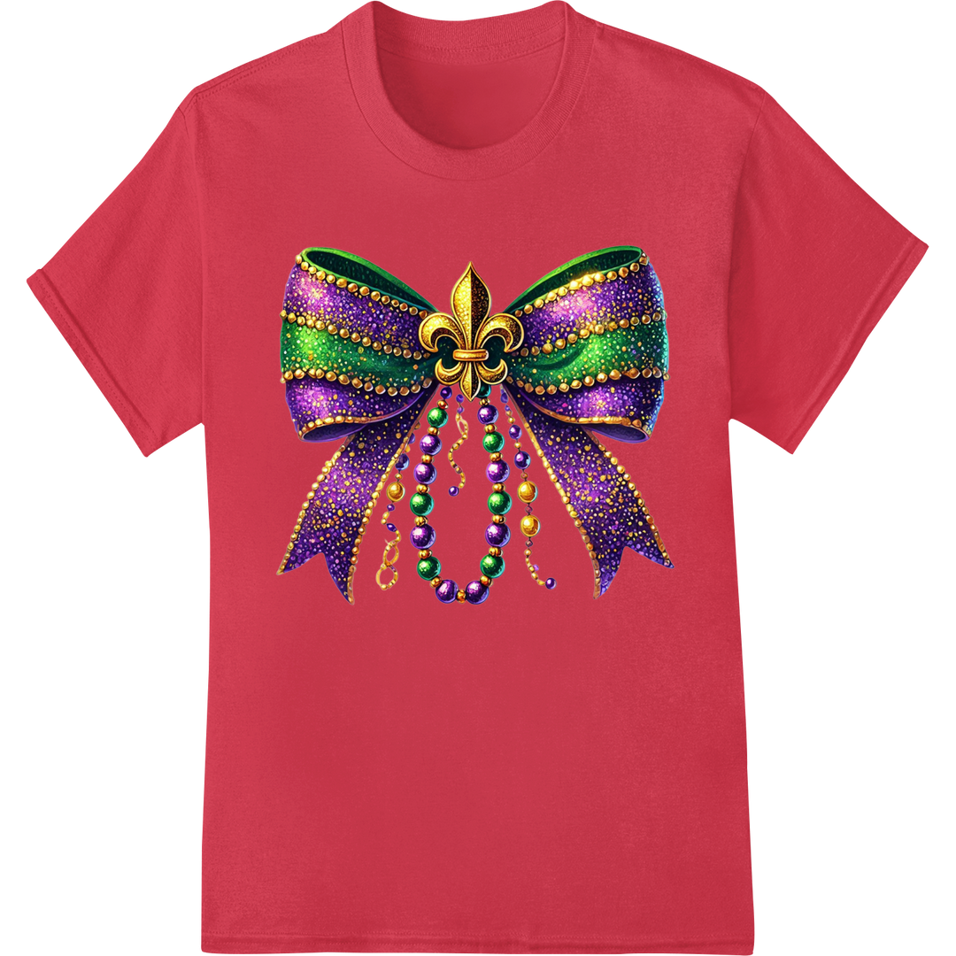 Vibrant Mardi Gras Bow DTF Print | Festive & Eye-Catching on red shirt - SUPERDTF-DTF Prints-DTF Transfers-Custom DTF Prints