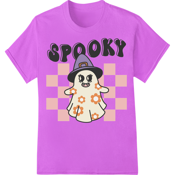 Adorable Ghost in Witch Hat - Cute Halloween DTF Print on purple shirt - SUPERDTF-DTF Prints-DTF Transfers-Custom DTF Prints