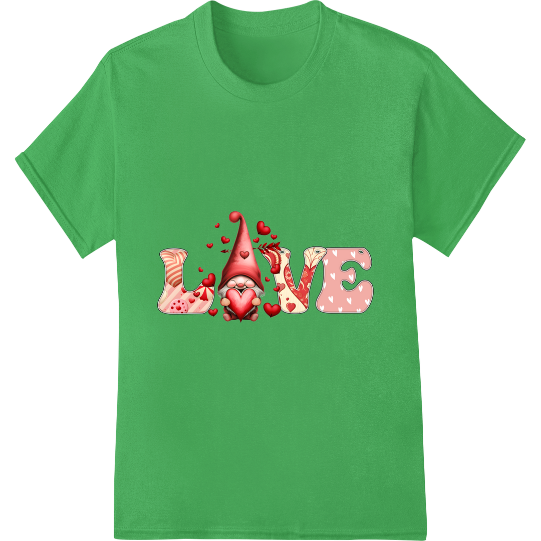 Adorable Valentine's Day Gnome with Hearts DTF Print on green shirt - SUPERDTF-DTF Prints-DTF Transfers-Custom DTF Prints