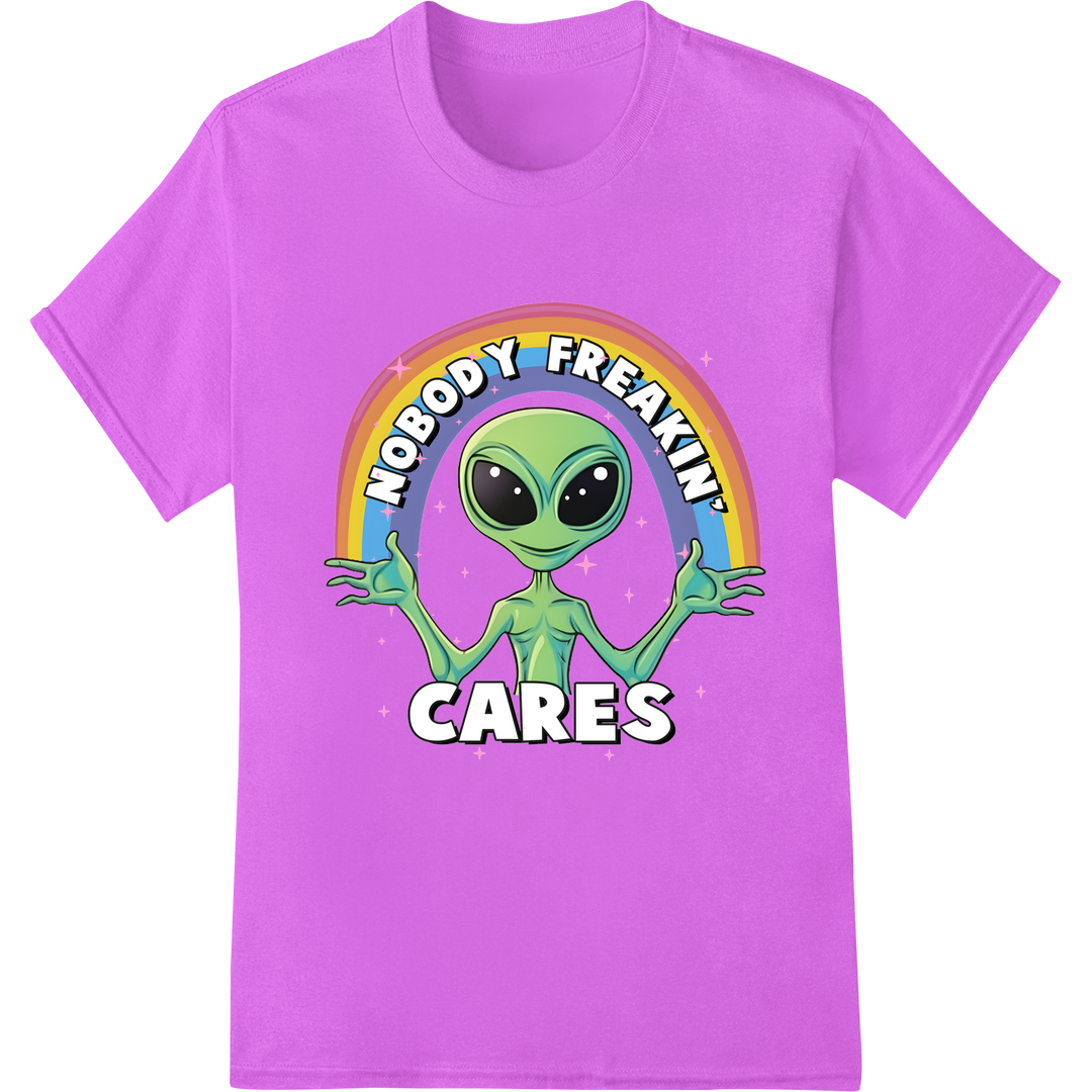 Hilarious Alien 'Nobody Freakin' Cares' DTF Print Transfer on purple shirt - SUPERDTF-DTF Prints-DTF Transfers-Custom DTF Prints