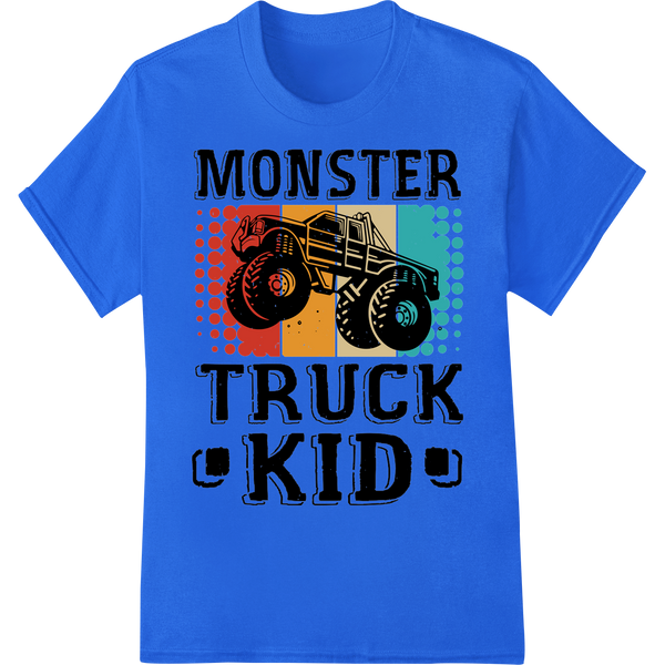 Retro Monster Truck Kid DTF Transfer Print | Vintage Tee on blue shirt - SUPERDTF-DTF Prints-DTF Transfers-Custom DTF Prints