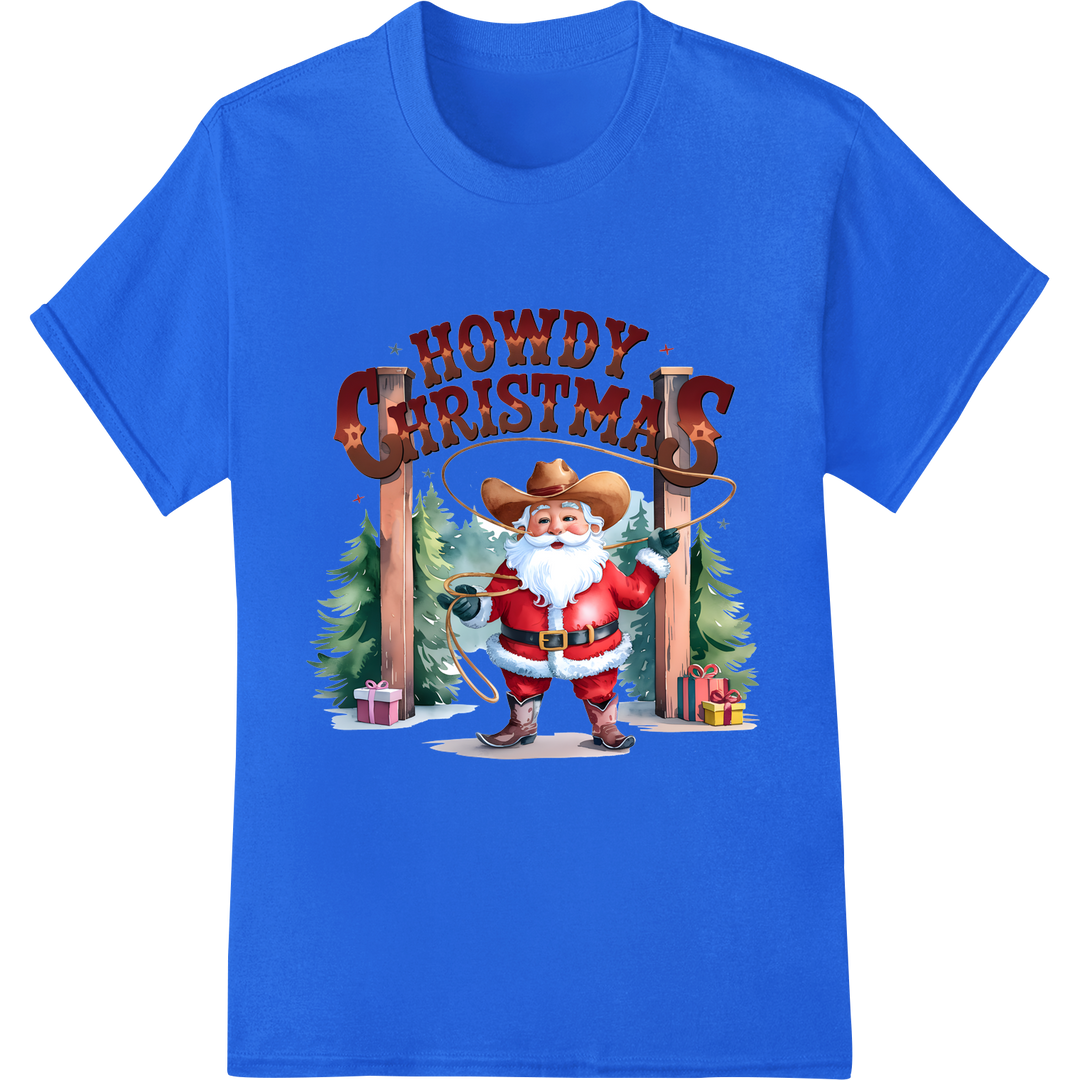 Howdy Christmas: Festive Cowboy Santa DTF Transfer Print on blue shirt - SUPERDTF-DTF Prints-DTF Transfers-Custom DTF Prints