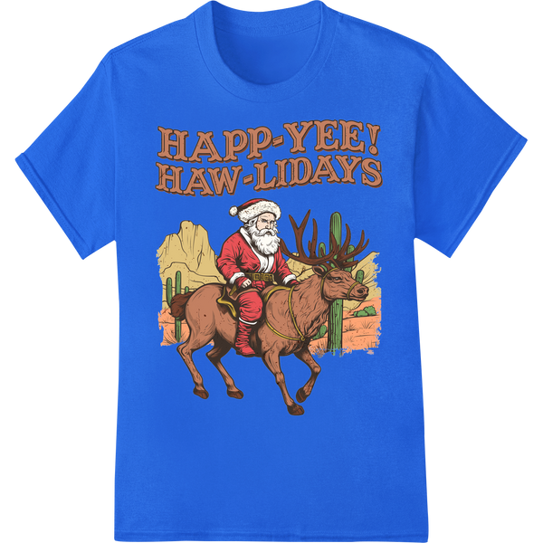 Rustic Santa Rides West: Yeehaw Christmas DTF Print on blue shirt - SUPERDTF-DTF Prints-DTF Transfers-Custom DTF Prints