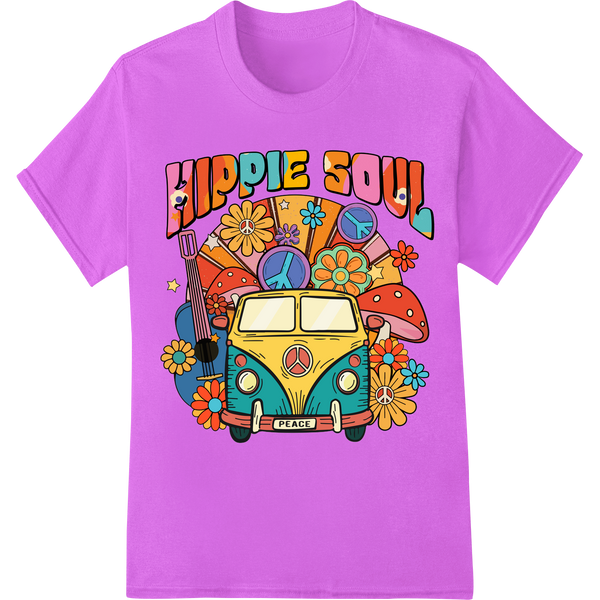 Retro colorful psychedelic design of a classic VW bus with 'Hippie Soul' text, styled for direct-to-film printing