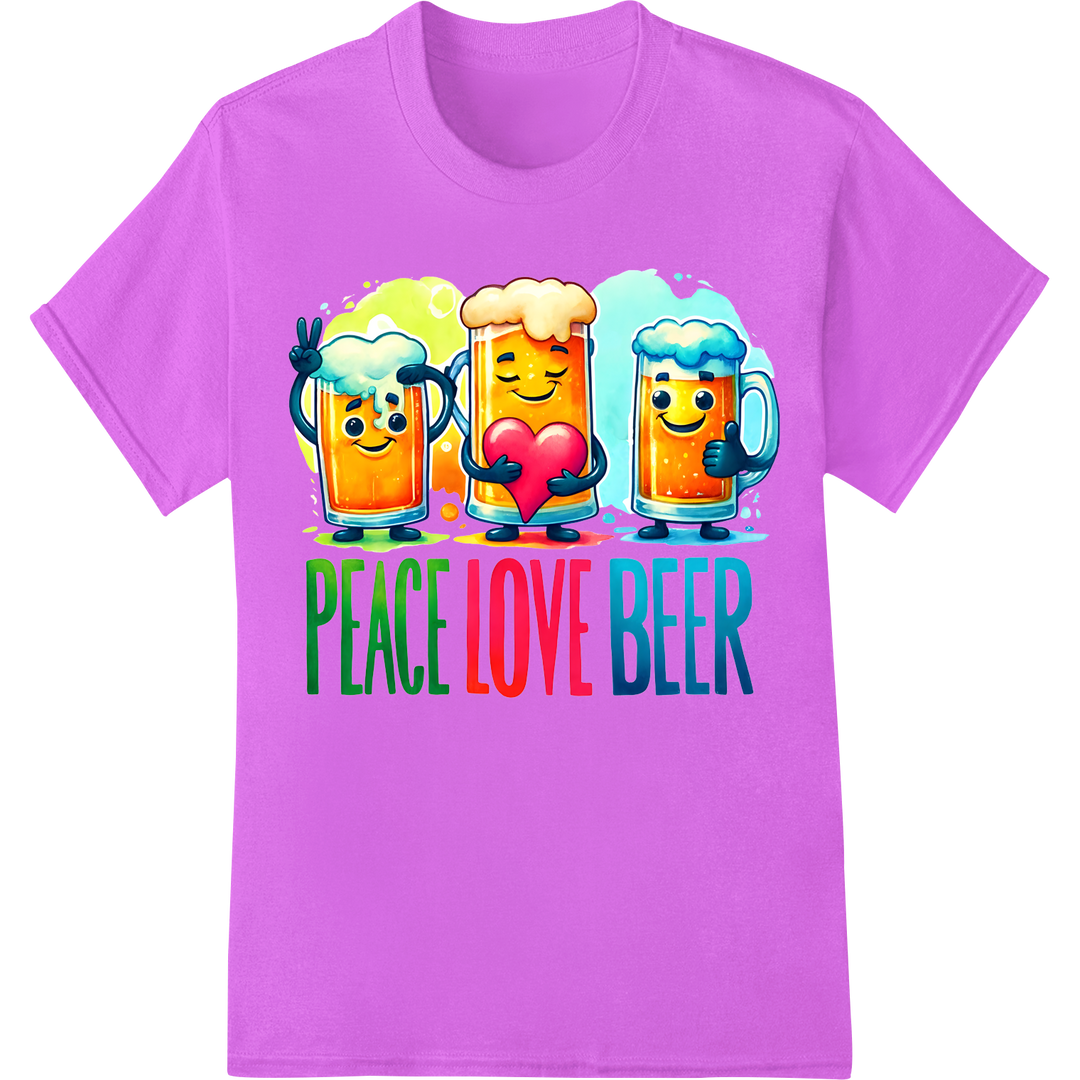 Cheers to Brews & Buds: Fun 'Peace Love Beer' DTF Print on purple shirt - SUPERDTF-DTF Prints-DTF Transfers-Custom DTF Prints