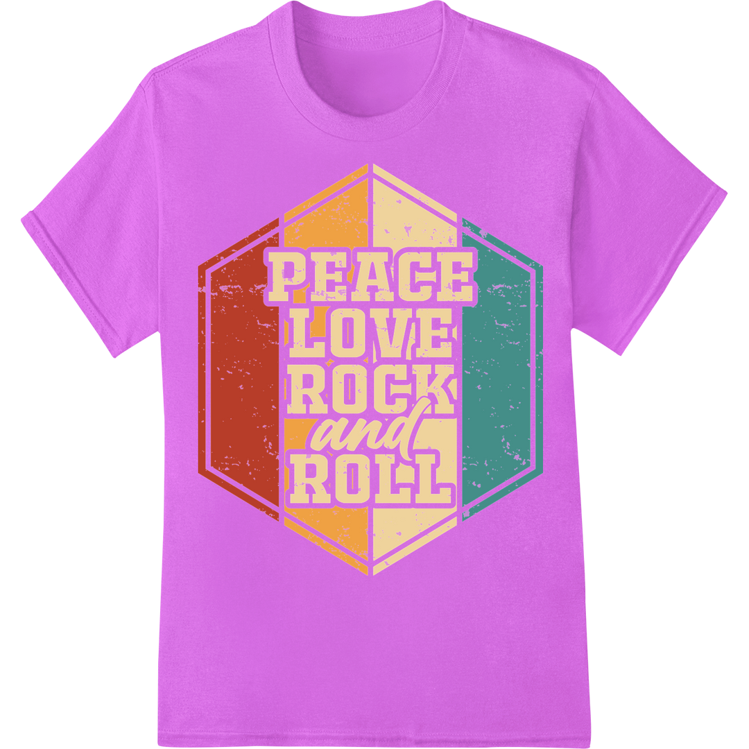 Vintage Peace Love Rock and Roll Music DTF Print Transfer on purple shirt - SUPERDTF-DTF Prints-DTF Transfers-Custom DTF Prints