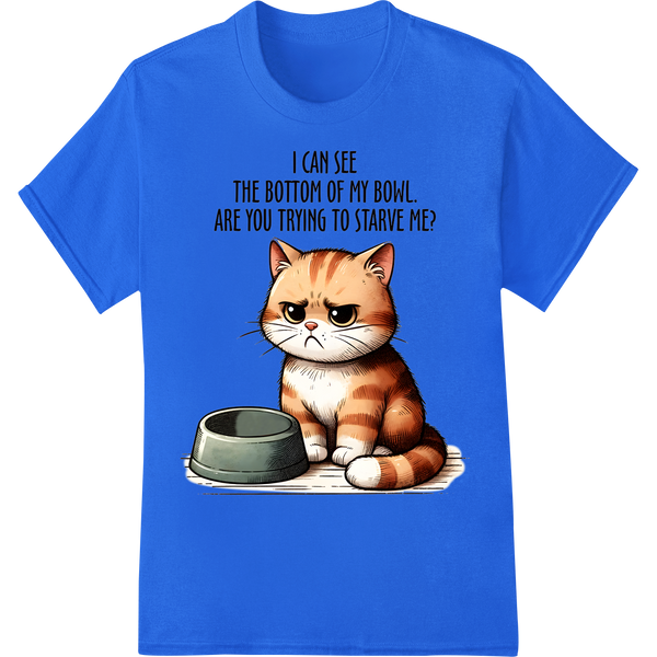 Sarcastic Cat: "I CAN SEE THE BOTTOM OF MY BOWL!" on blue shirt - SUPERDTF-DTF Prints-DTF Transfers-Custom DTF Prints