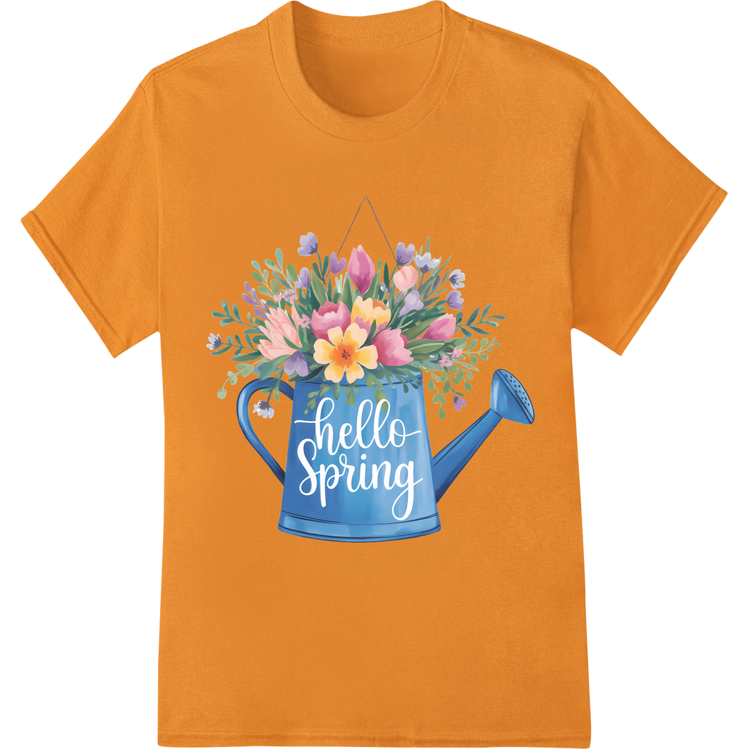 Vibrant 'Hello Spring' Floral Watering Can DTF Print Transfer on orange shirt - SUPERDTF-DTF Prints-DTF Transfers-Custom DTF Prints