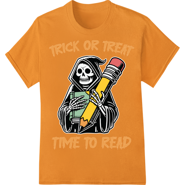 Spooky Skeleton Says: 'Trick or Treat, Time to Read!' on orange shirt - SUPERDTF-DTF Prints-DTF Transfers-Custom DTF Prints