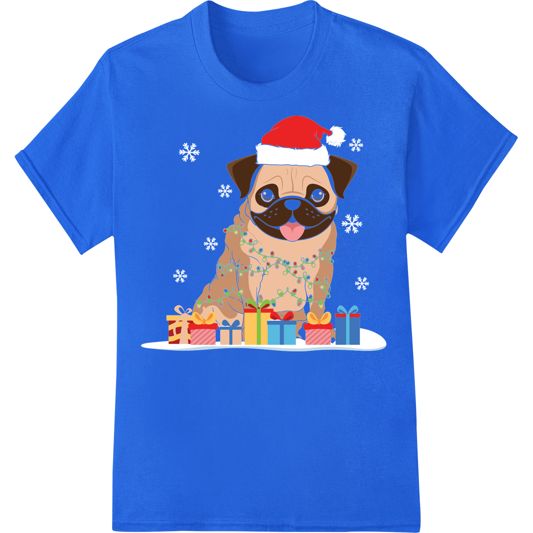 Adorable Christmas Pug Santa | Funny Dog Holiday DTF Print on blue shirt - SUPERDTF-DTF Prints-DTF Transfers-Custom DTF Prints