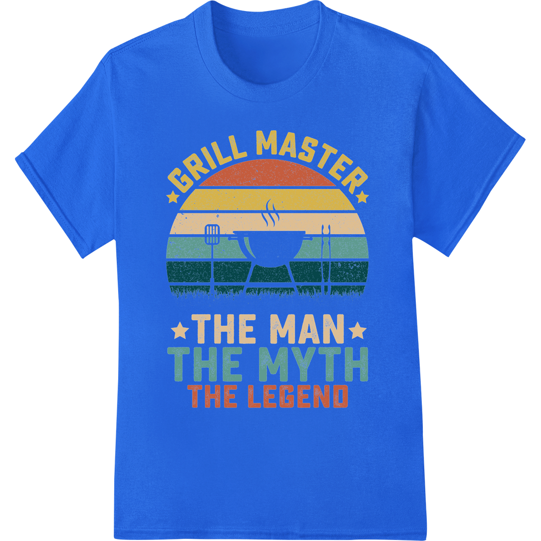 Grill Master: The Man, The Myth, The Legend | BBQ DTF Print on blue shirt - SUPERDTF-DTF Prints-DTF Transfers-Custom DTF Prints