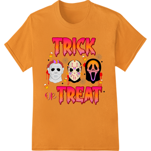 Custom high-quality t-shirt printing design - Spooky 'Trick or Treat' Horror Masks Halloween Heat Transfer