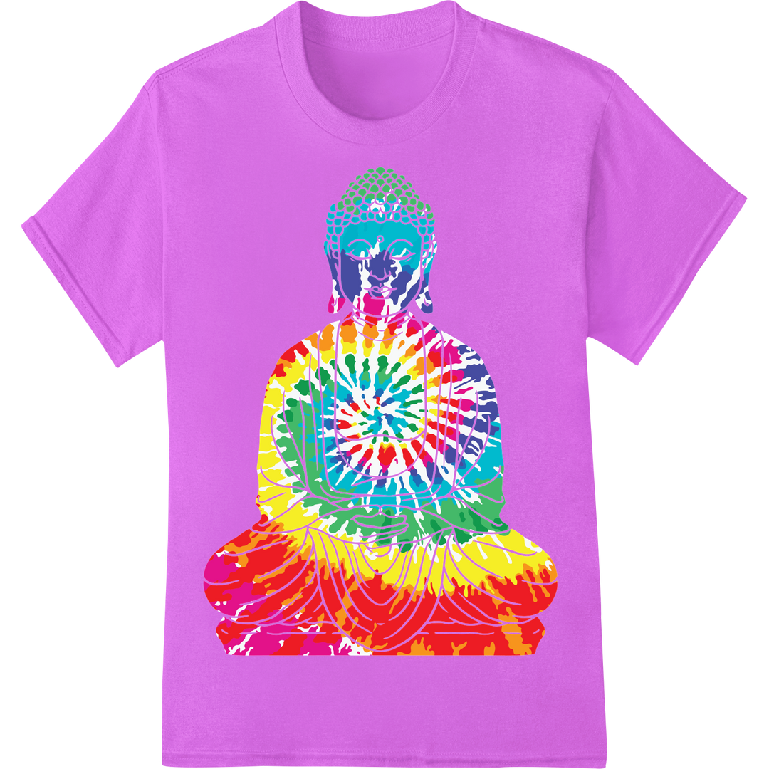 Vibrant Tie-Dye Buddha DTF Print for Yoga Enthusiasts on purple shirt - SUPERDTF-DTF Prints-DTF Transfers-Custom DTF Prints