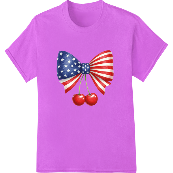 Patriotic Flag Bow & Cherries DTF Heat Transfer Print on purple shirt - SUPERDTF-DTF Prints-DTF Transfers-Custom DTF Prints