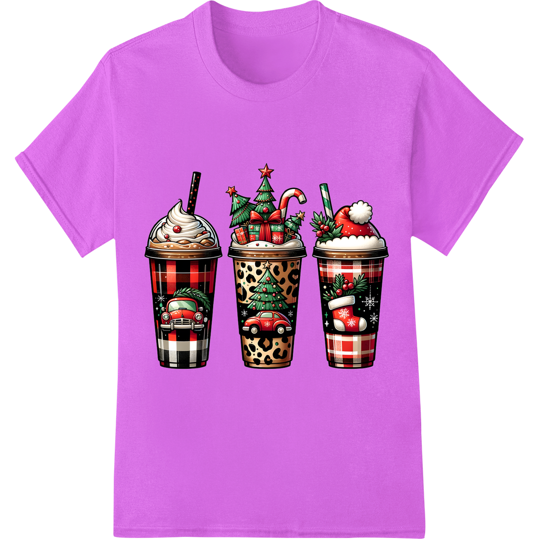 Festive Plaid Coffee Cups - Christmas DTF Heat Transfer on purple shirt - SUPERDTF-DTF Prints-DTF Transfers-Custom DTF Prints