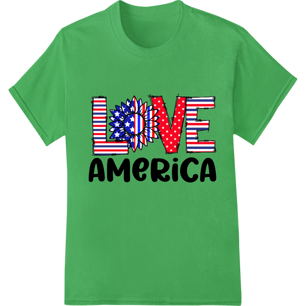 Red, white and blue 'LOVE AMERICA' text design suitable for DTF printing and heat transfer on t-shirts and apparel.