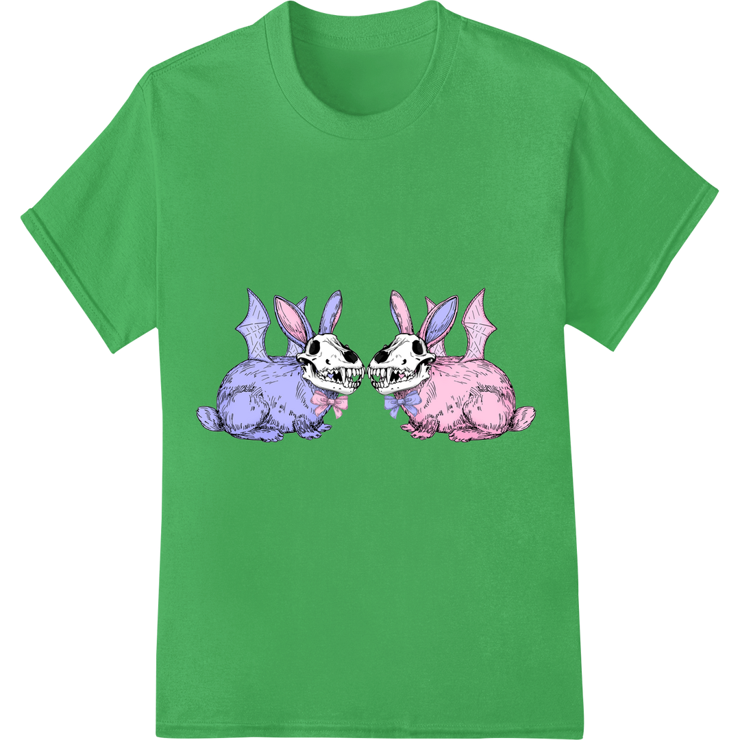 Edgy Easter: Skeletal Bunny DTF Print Heat Transfer on green shirt - SUPERDTF-DTF Prints-DTF Transfers-Custom DTF Prints