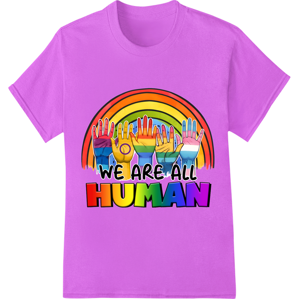 Vibrant 'We Are All Human' LGBT Pride DTF Print Heat Transfer on purple shirt - SUPERDTF-DTF Prints-DTF Transfers-Custom DTF Prints