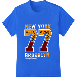 Vintage NYC Brooklyn '77 Typography DTF Print Heat Transfer showcasing advanced custom apparel technology