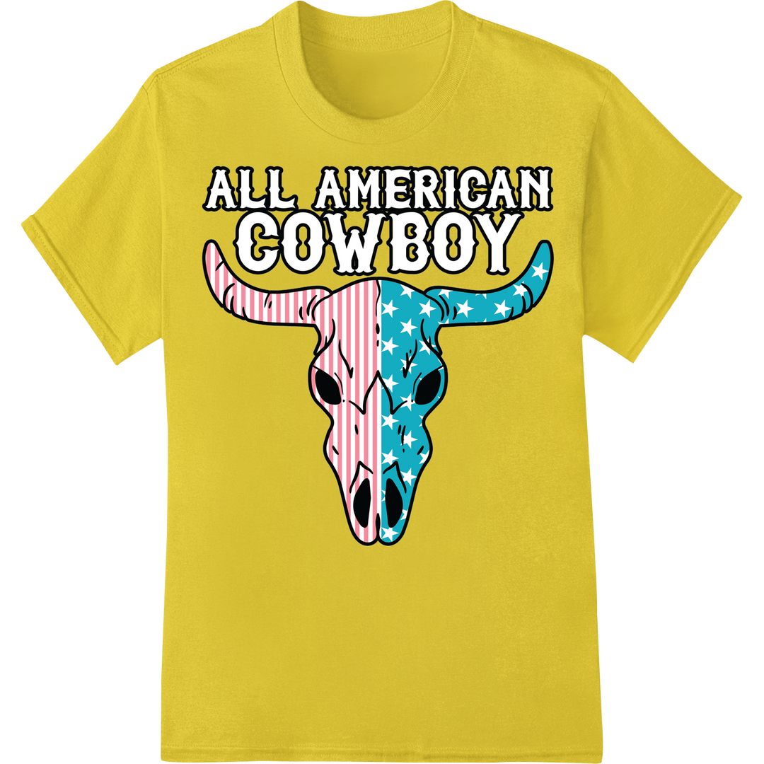 Vintage All American Cowboy Skull DTF Print Heat Transfer on yellow shirt - SUPERDTF-DTF Prints-DTF Transfers-Custom DTF Prints