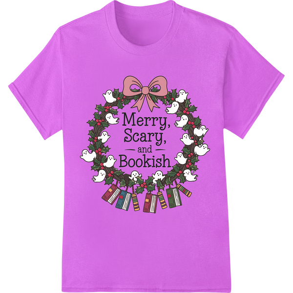 Merry, Scary, Bookish: Festive DTF Print for Book Lovers on purple shirt - SUPERDTF-DTF Prints-DTF Transfers-Custom DTF Prints