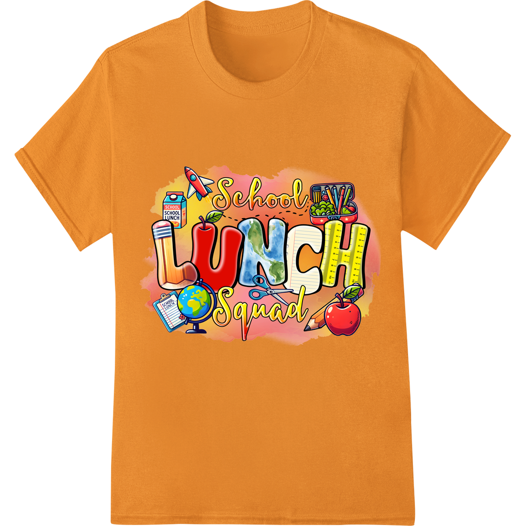 School Lunch Squad: Fun DTF Print for Educational Gear on orange shirt - SUPERDTF-DTF Prints-DTF Transfers-Custom DTF Prints