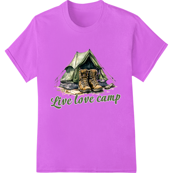 Rustic 'Live Love Camp' Tent Illustration DTF Print Transfer on purple shirt - SUPERDTF-DTF Prints-DTF Transfers-Custom DTF Prints