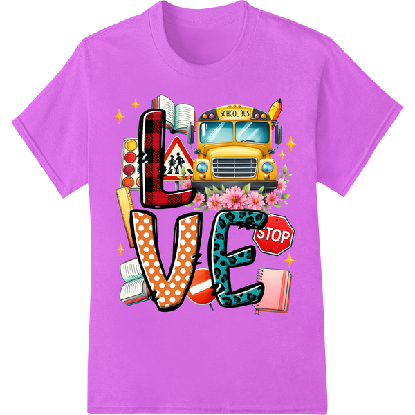 Retro School Bus Driver Love - Vibrant DTF Print Transfer on purple shirt - SUPERDTF-DTF Prints-DTF Transfers-Custom DTF Prints