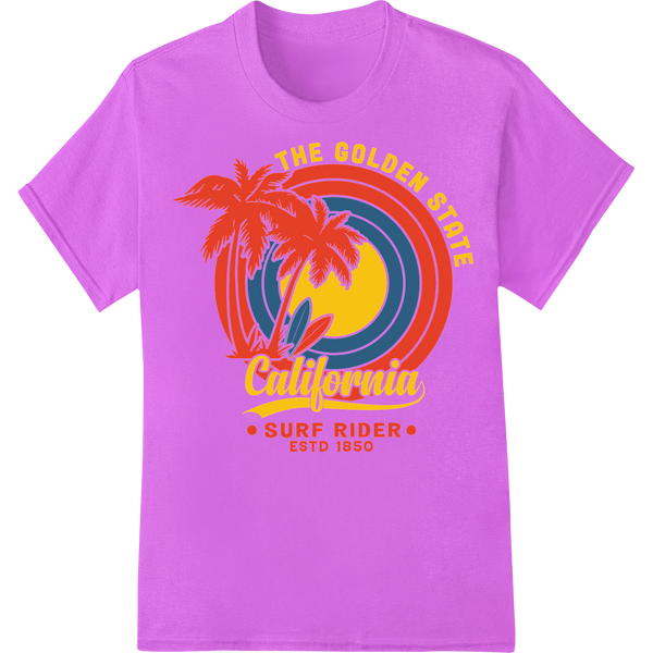 Ride the Waves with Golden State's Retro Surf Print on purple shirt - SUPERDTF-DTF Prints-DTF Transfers-Custom DTF Prints