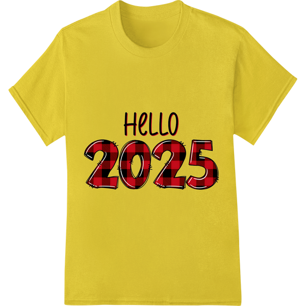 Celebrate 2025 with this Bold 'Hello 2025' DTF Print Transfer on yellow shirt - SUPERDTF-DTF Prints-DTF Transfers-Custom DTF Prints