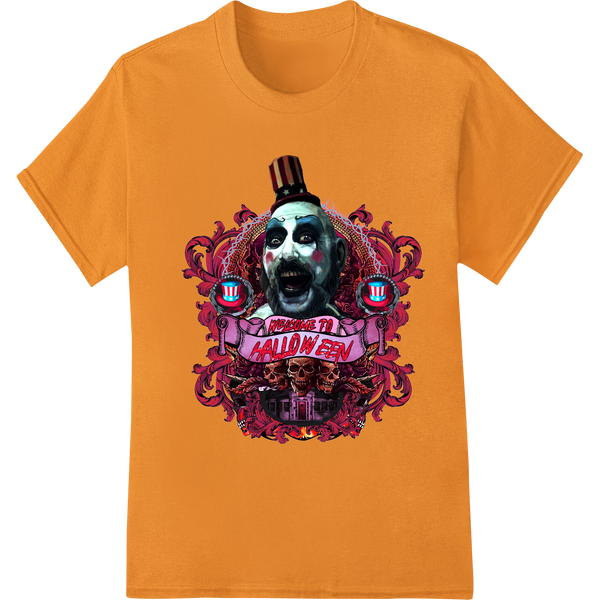 A sinister looking clown with evil grin and sharp teeth, perfect for a scary Halloween-themed t-shirt design using DTF...