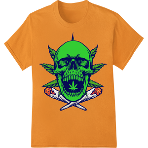 Durable bulk t-shirt printing applied to Rebellious Cannabis Skull - Vibrant Green 420 DTF Print