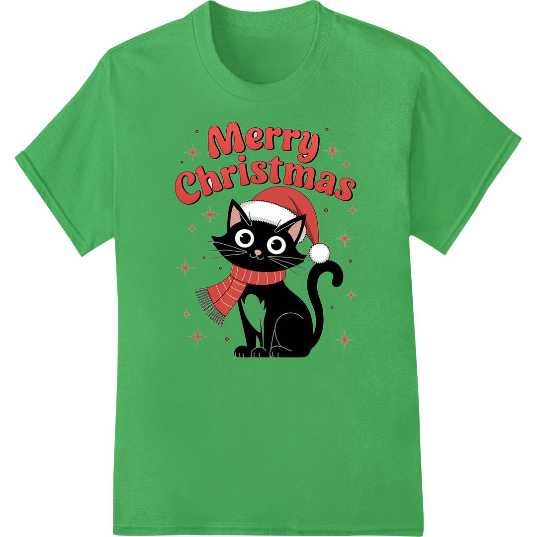 Festive Feline: Merry Christmas Cat DTF Print Transfer on green shirt - SUPERDTF-DTF Prints-DTF Transfers-Custom DTF Prints