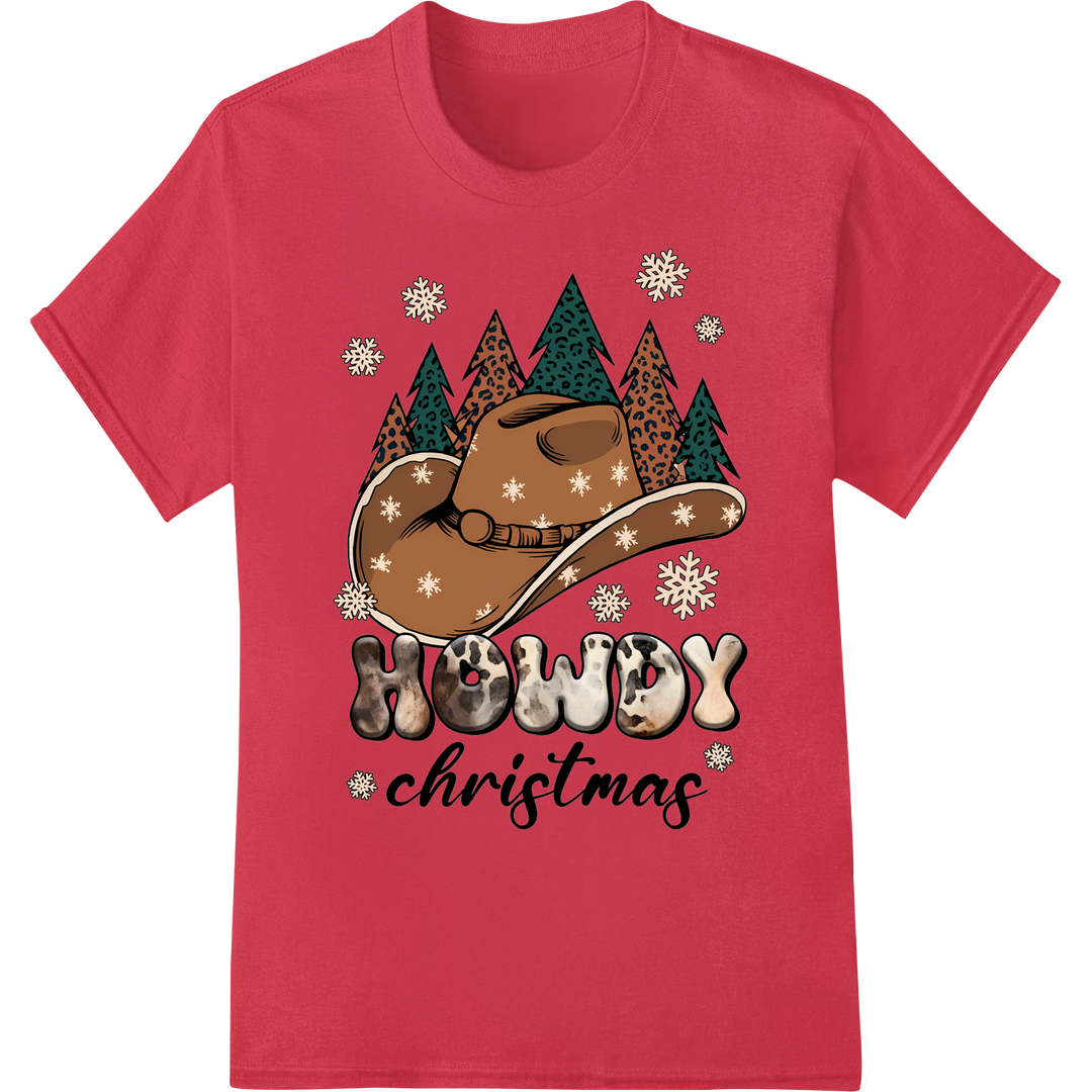 Howdy Christmas: Rustic Western Holiday DTF Transfer Print on red shirt - SUPERDTF-DTF Prints-DTF Transfers-Custom DTF Prints