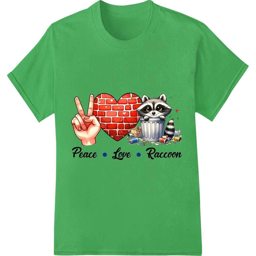 Adorable Raccoon Valentine's DTF Print: Spread Love & Laughs on green shirt - SUPERDTF-DTF Prints-DTF Transfers-Custom DTF Prints