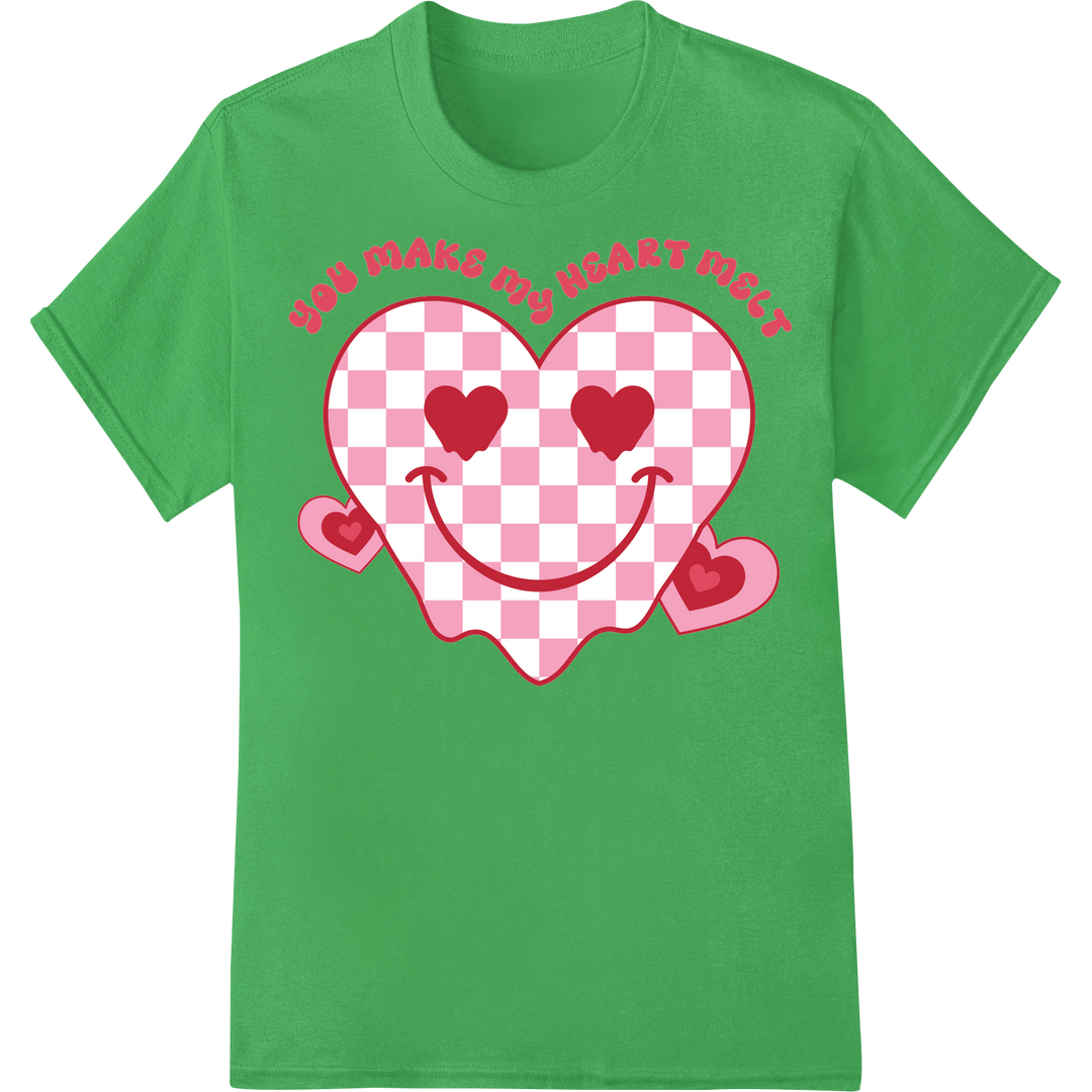 Retro Heart Melt: Lovely Valentine's DTF Print Transfer on green shirt - SUPERDTF-DTF Prints-DTF Transfers-Custom DTF Prints