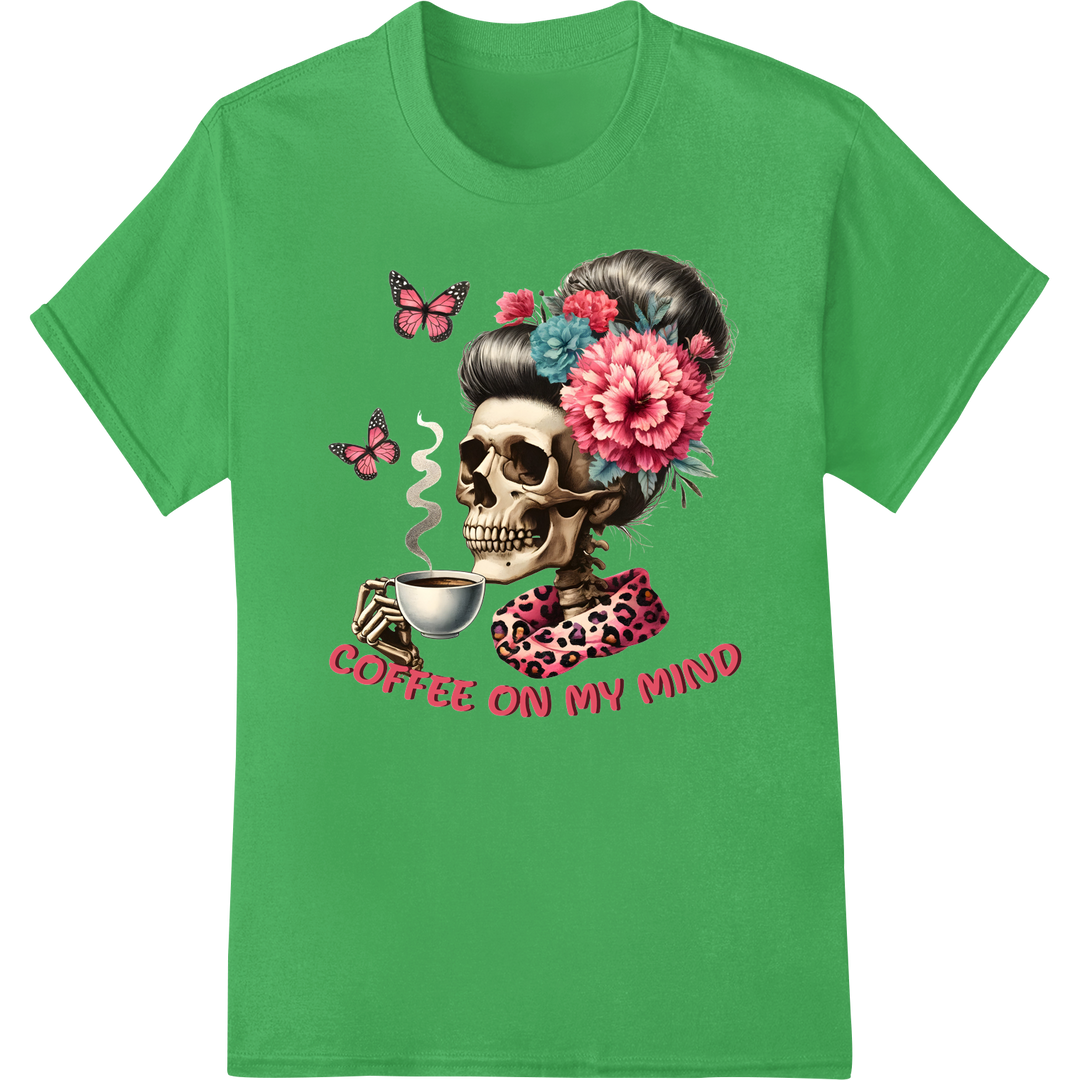 Edgy Floral Skull Coffee Lover DTF Heat Transfer Print on green shirt - SUPERDTF-DTF Prints-DTF Transfers-Custom DTF Prints