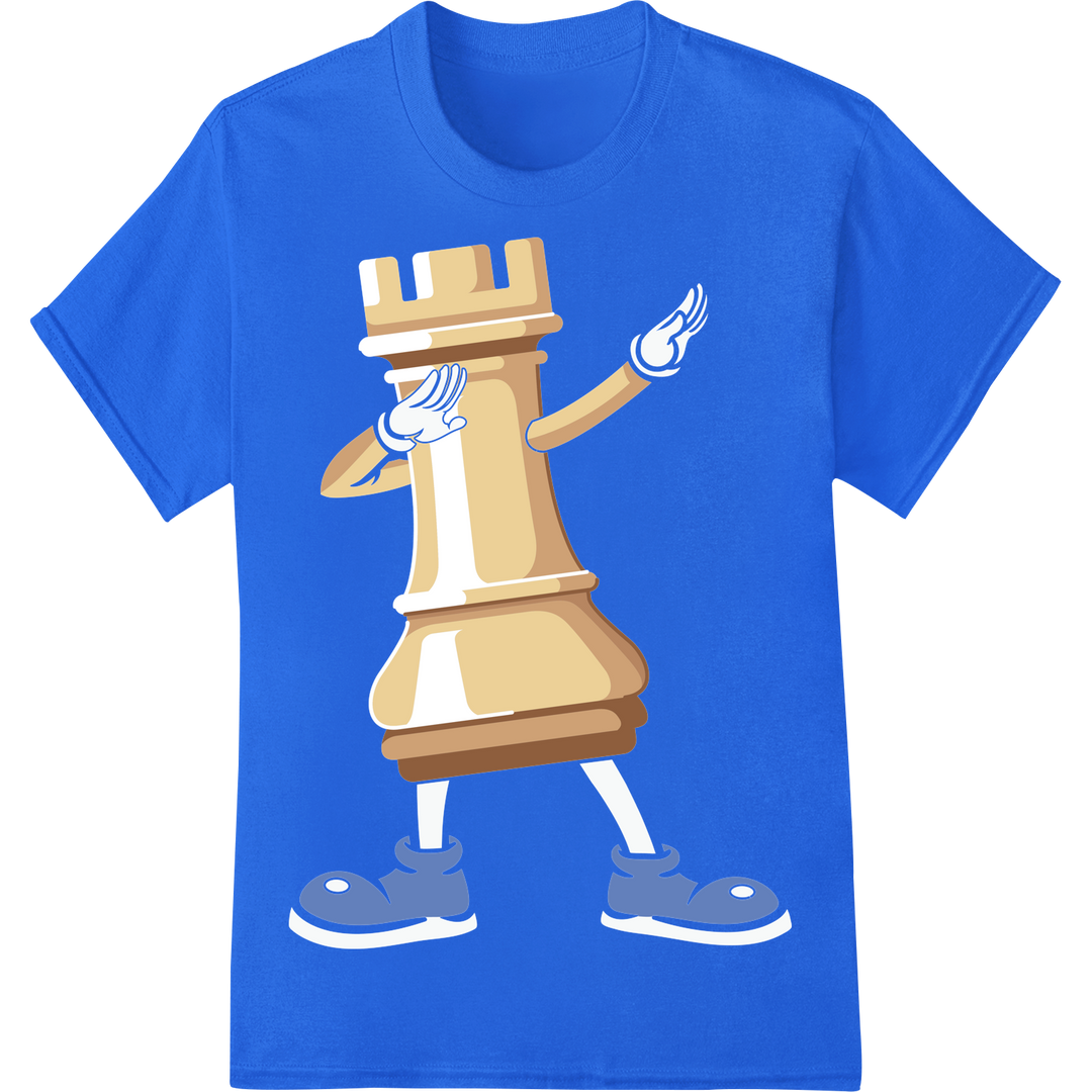 Checkmate in Style: Bold Chess Rook DTF Heat Transfer on blue shirt - SUPERDTF-DTF Prints-DTF Transfers-Custom DTF Prints