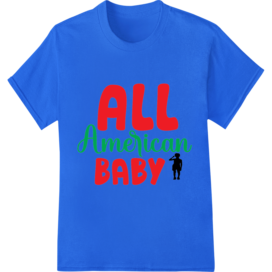 Adorable 'ALL American BABY' Patriotic DTF Heat Transfer on blue shirt - SUPERDTF-DTF Prints-DTF Transfers-Custom DTF Prints