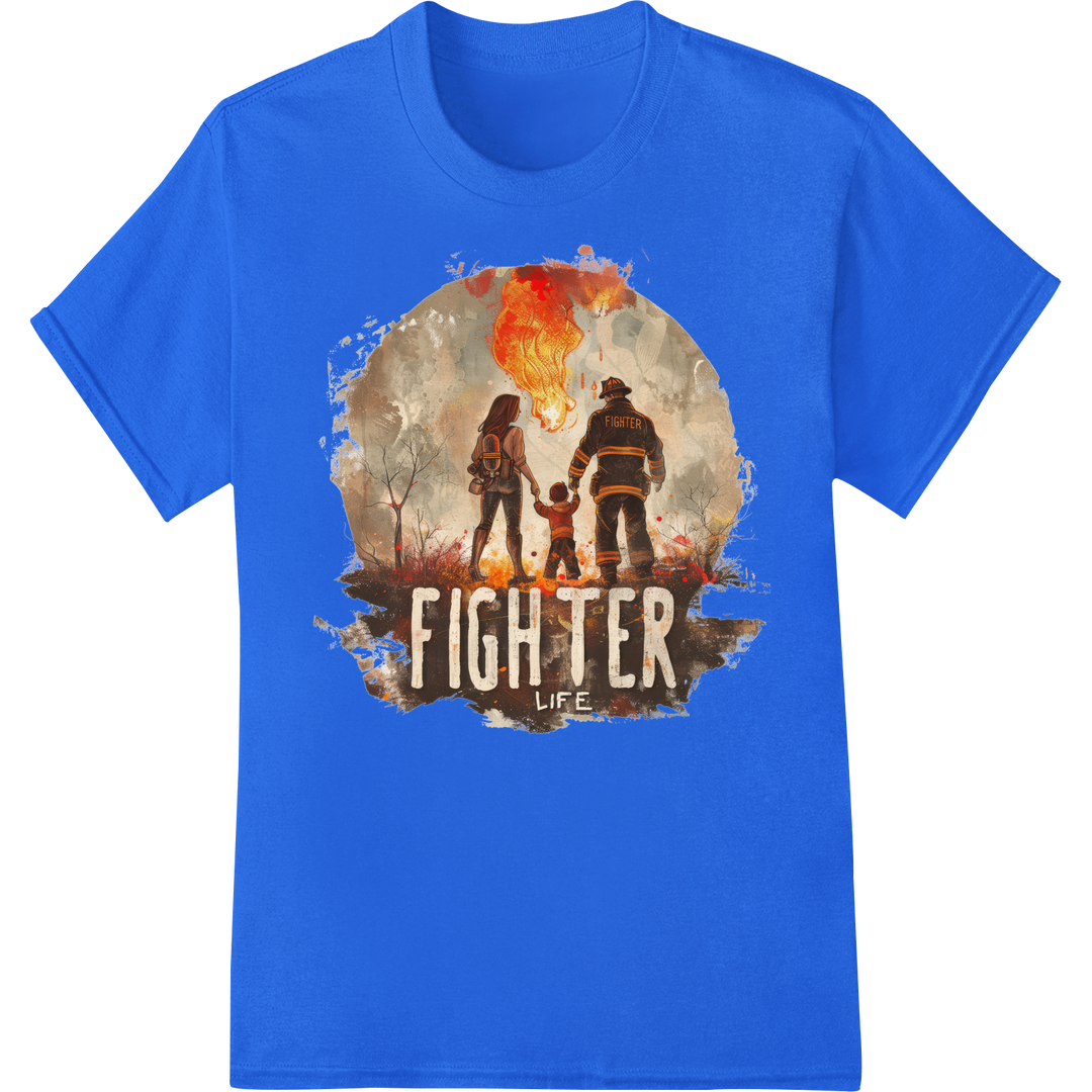 Bold Firefighter Family Silhouette - Fierce Flames DTF Print on blue shirt - SUPERDTF-DTF Prints-DTF Transfers-Custom DTF Prints