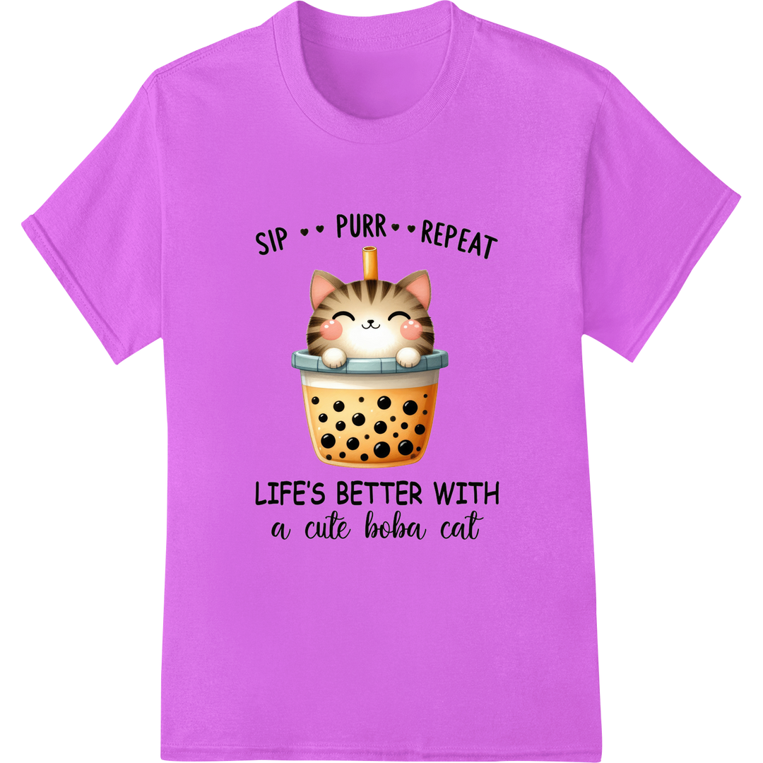 Sip Purr Repeat Boba Cat DTF Print Heat Transfer on purple shirt - SUPERDTF-DTF Prints-DTF Transfers-Custom DTF Prints