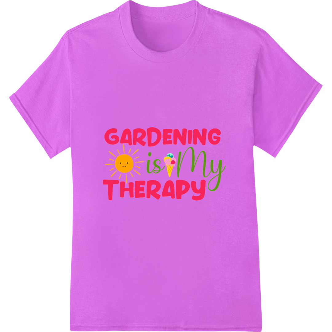 Gardening Therapy: Vibrant DTF Heat Transfer Design on purple shirt - SUPERDTF-DTF Prints-DTF Transfers-Custom DTF Prints