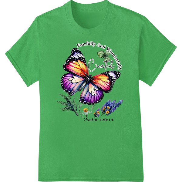 Fearfully & Wonderfully Created Butterfly DTF Print on green shirt - SUPERDTF-DTF Prints-DTF Transfers-Custom DTF Prints