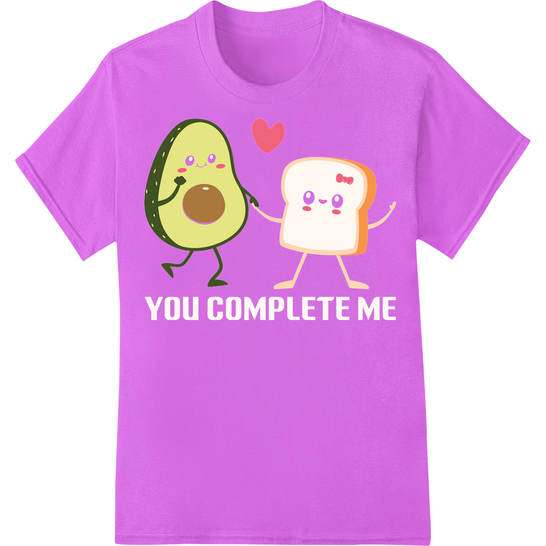 Adorable 'You Complete Me' Avocado & Bread Couple DTF Print on purple shirt - SUPERDTF-DTF Prints-DTF Transfers-Custom DTF Prints